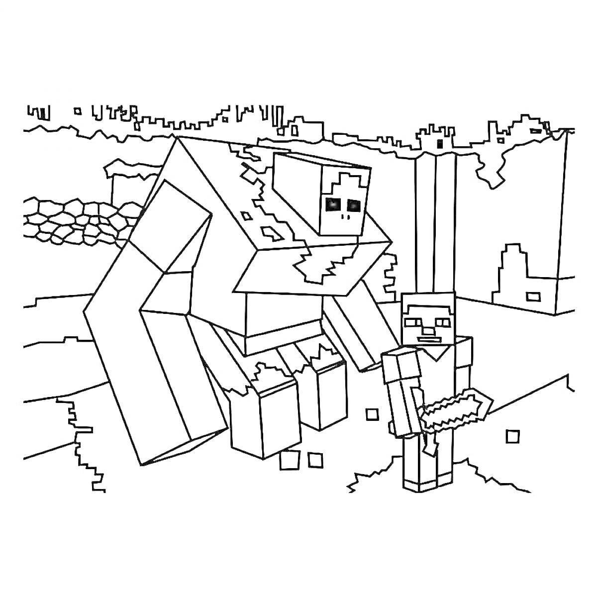 Раскраска Герои Майнкрафта с мечом и големом на фоне природы