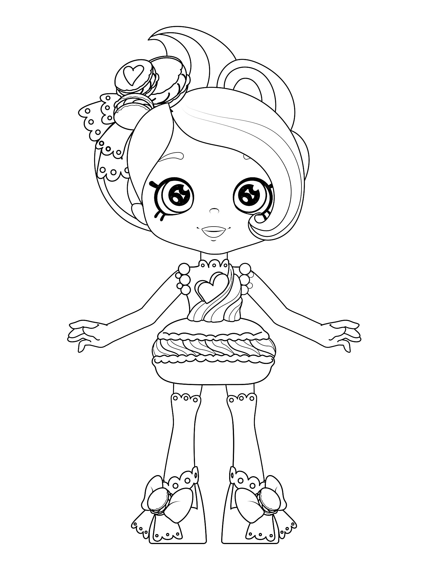 Раскраска Девочка Шопкинс с большой прической, сердечком на банте, длинным платьем с узорами и большими ботинками с бантами