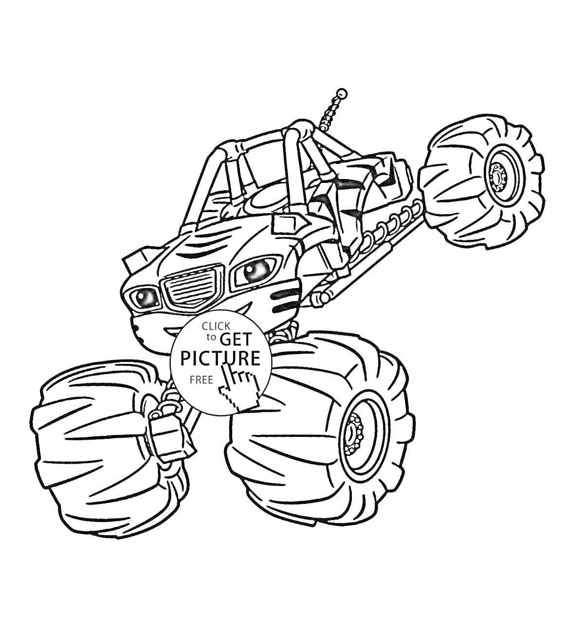 Раскраска Раскраска чудо машинки рык с большими колесами и выражением лица