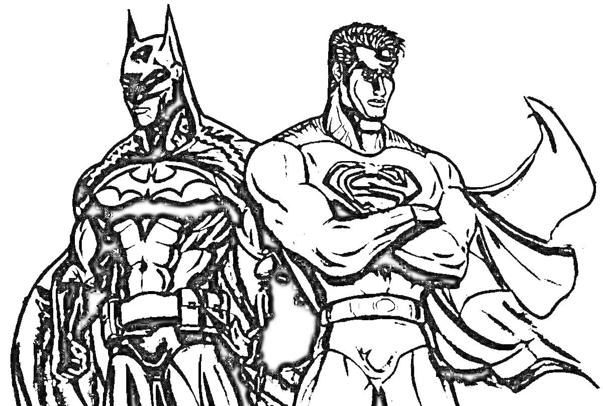 Раскраска Бэтмен и Супермен стоят рядом, мускулистые, в супергеройских костюмах, Бэтмен в плаще и маске, Супермен с логотипом 