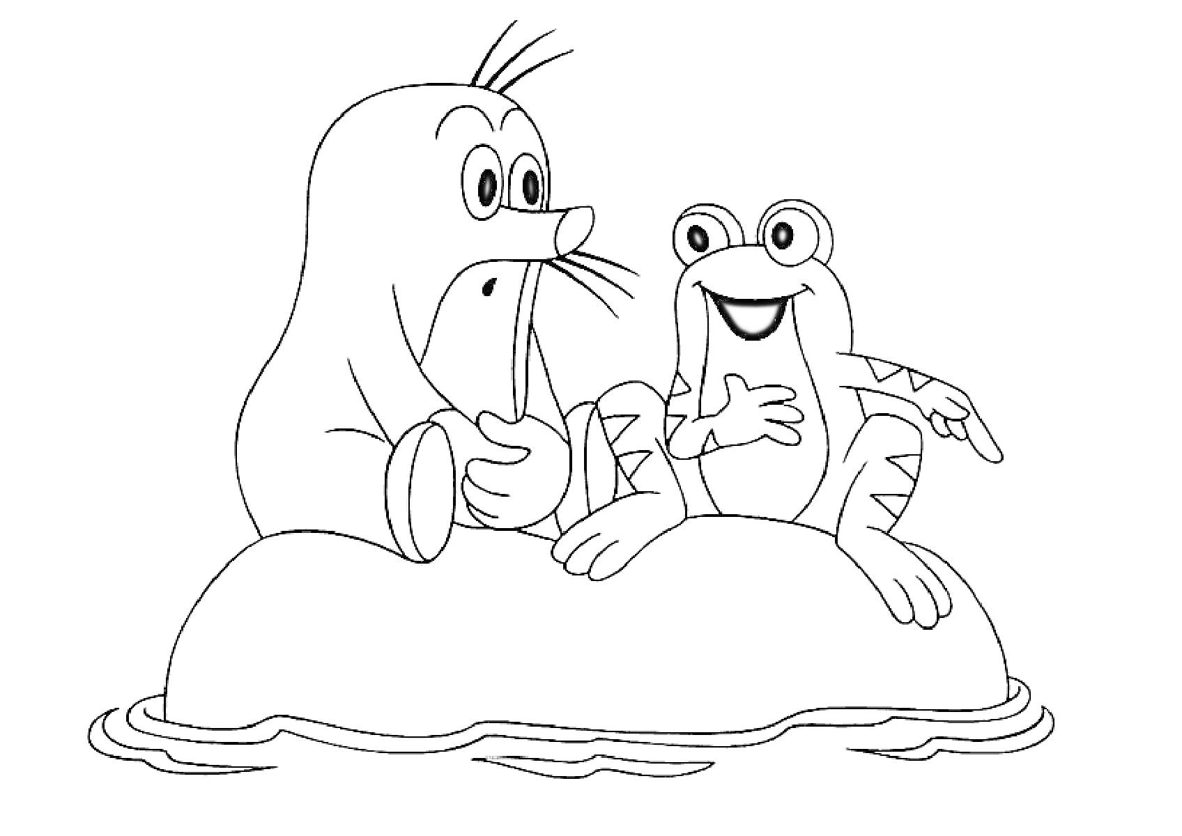 Раскраска Крот и лягушка сидят на камне посреди воды
