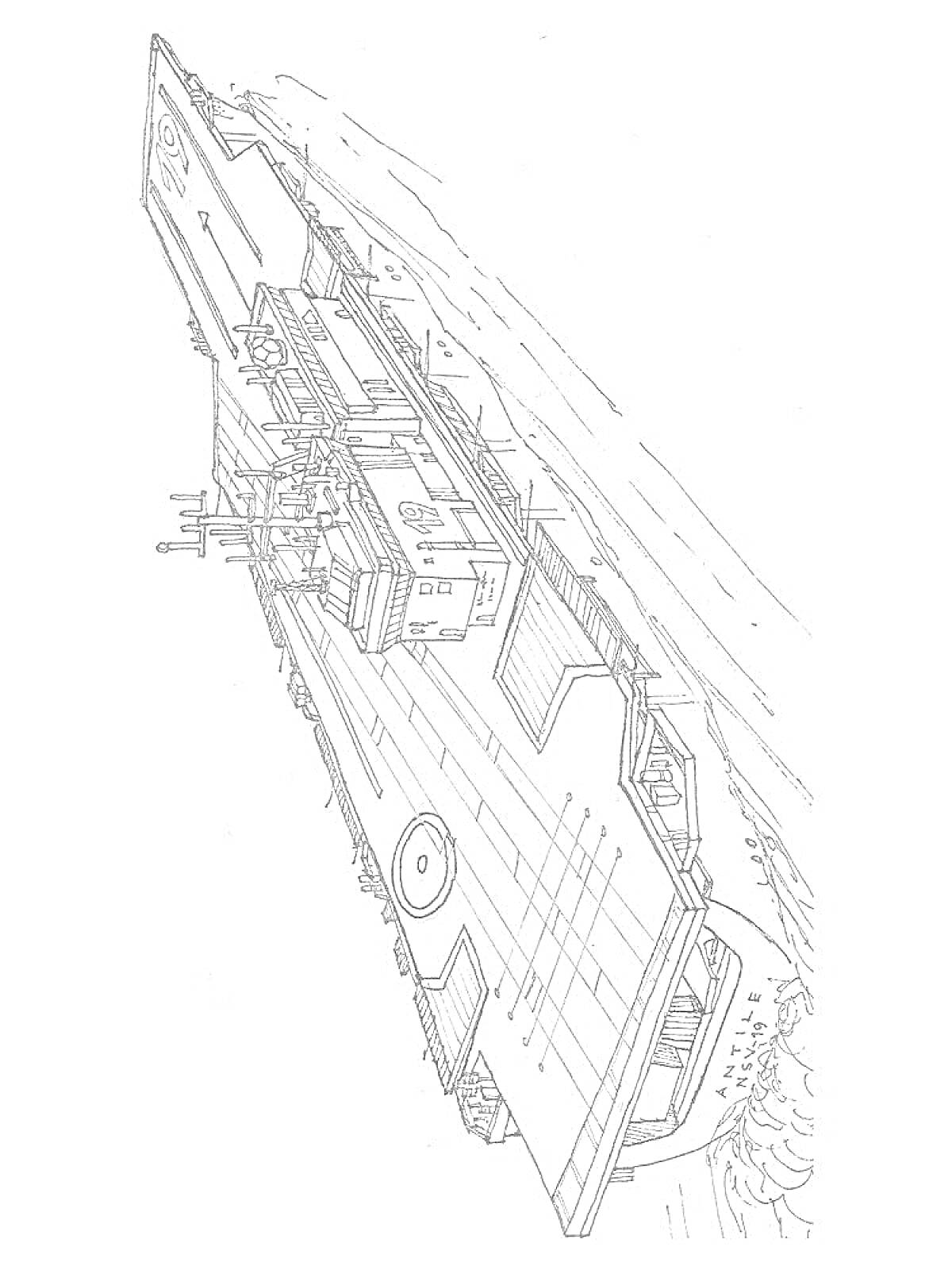 На раскраске изображено: Авианосец, Военный корабль, Взлетно-посадочная полоса, Море, Палуба, Антенны, Техника, Судно