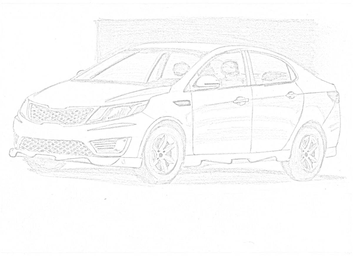 Раскраска Рисунок автомобиля Kia Rio со всеми элементами: кузов седан, передняя часть с решеткой радиатора, фары, колеса и двери