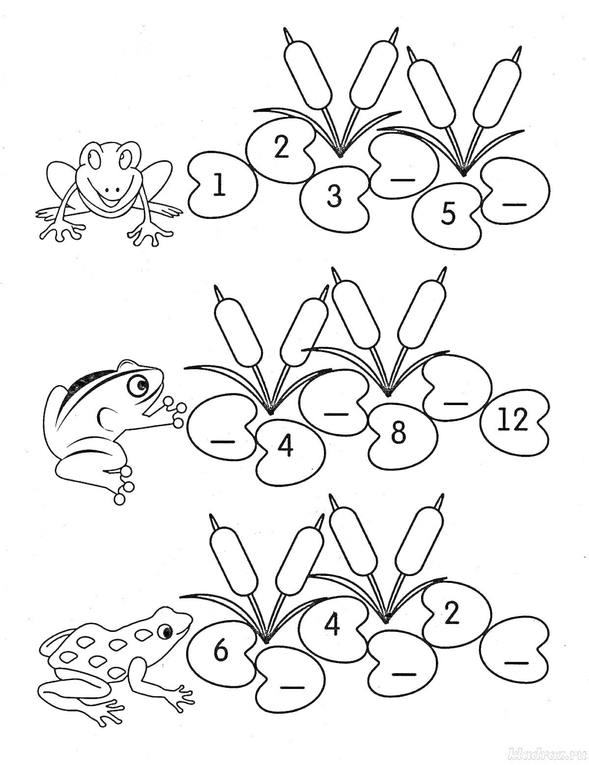 На раскраске изображено: Математика, Дошкольники, Лягушки, Цифры, Уравнения, Камыши, Обучение, Математика для детей, 6 лет, 7 лет, Счет