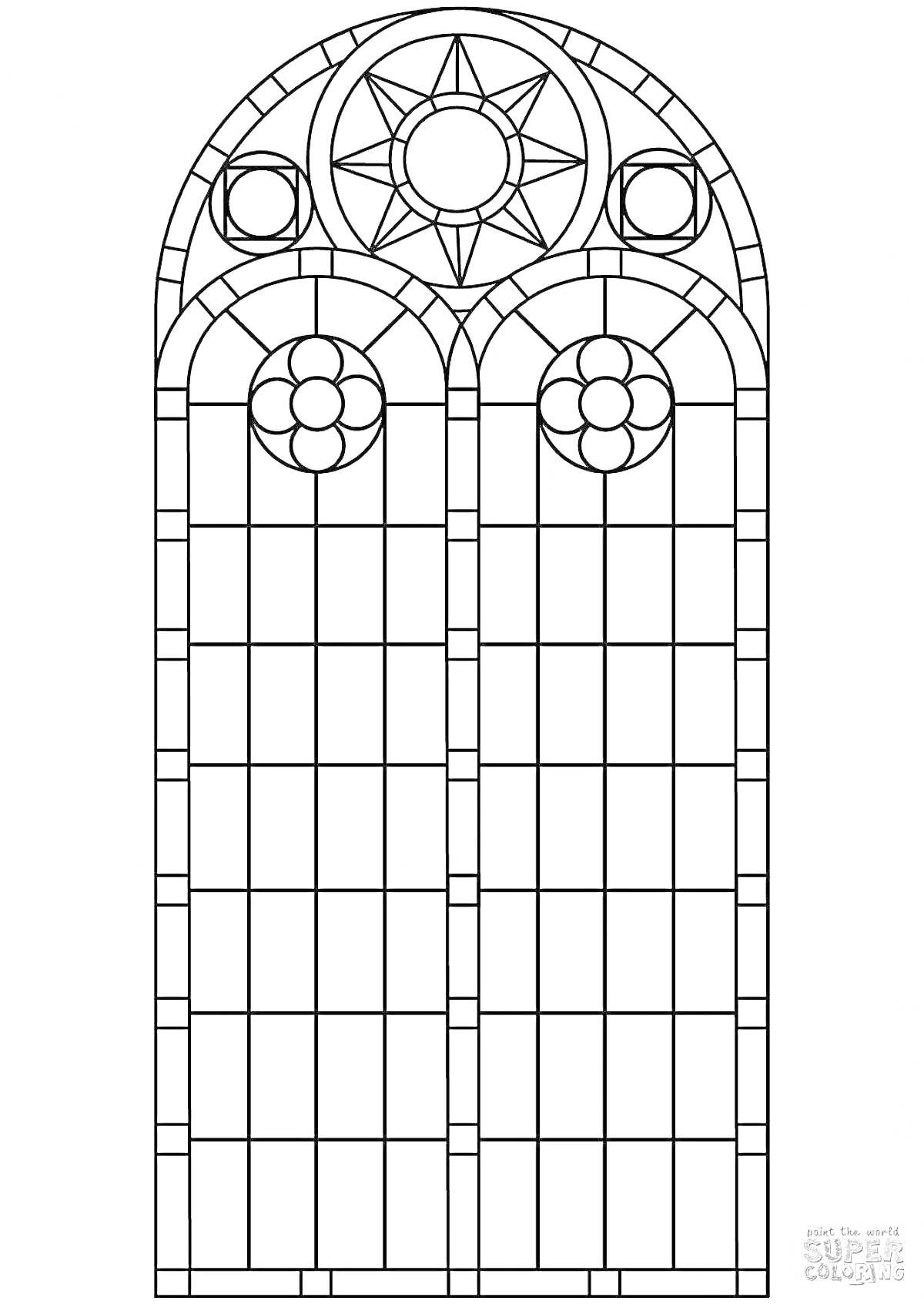 На раскраске изображено: Орнамент, Цветочные узоры, Круглые элементы, Арка, Окна