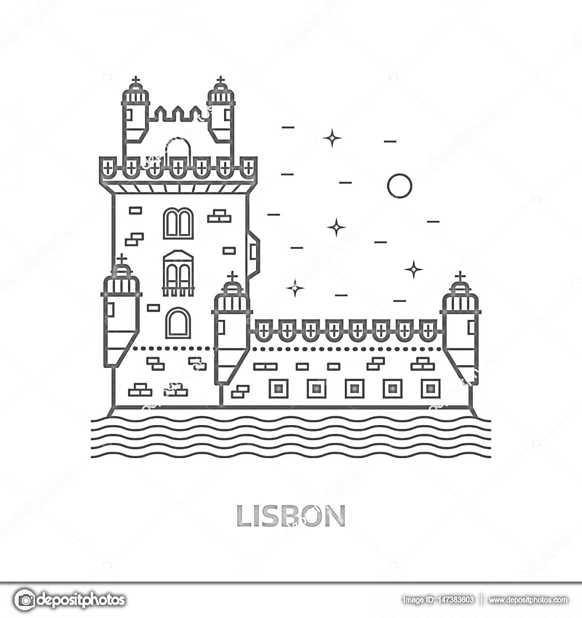 Раскраска Belem Tower в Лиссабоне, ночное небо с луной и звездами, вода