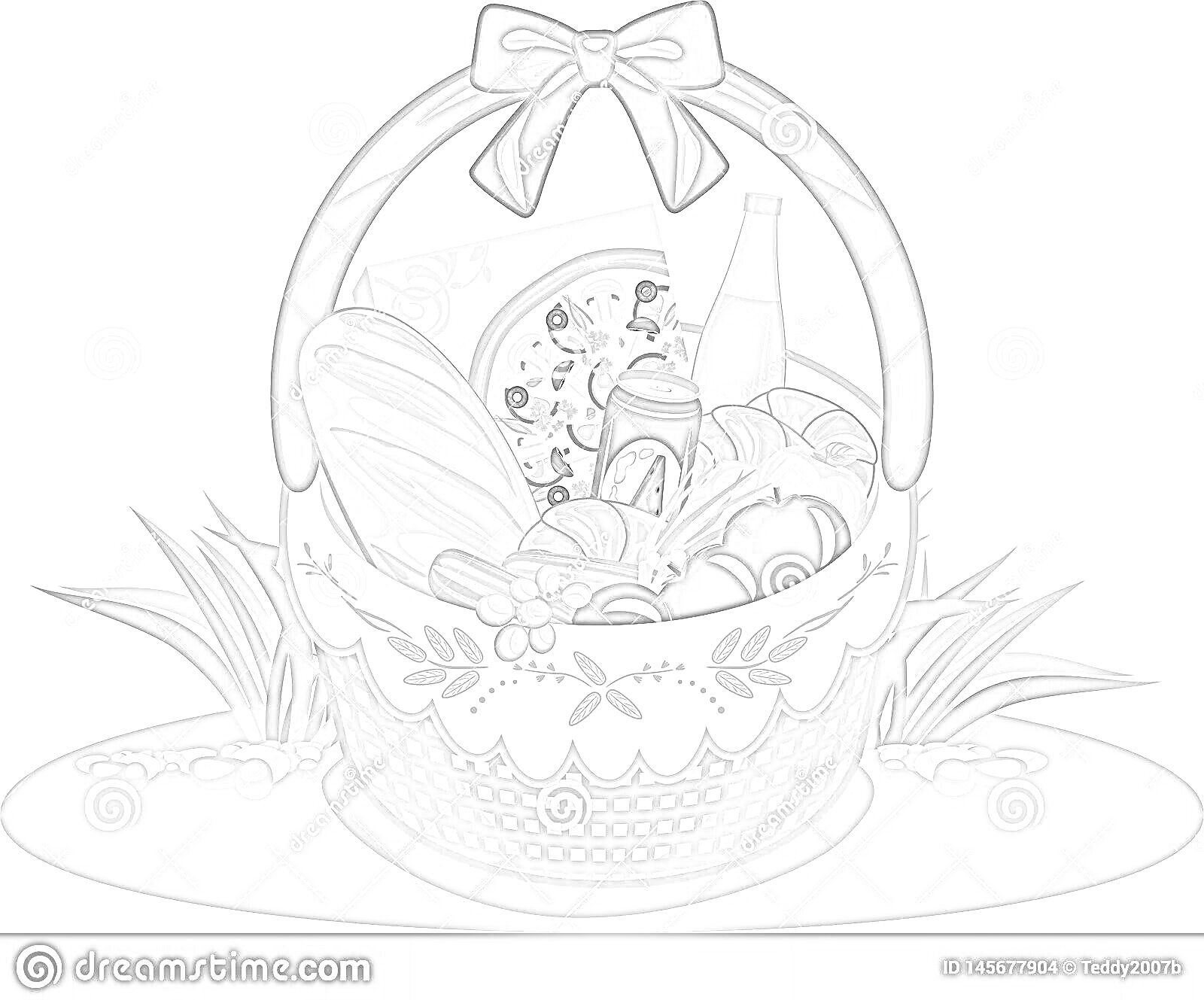 На раскраске изображено: Пикник, Корзина, Еда, Хлеб, Пицца, Сок, Напиток, Зелень, Природа