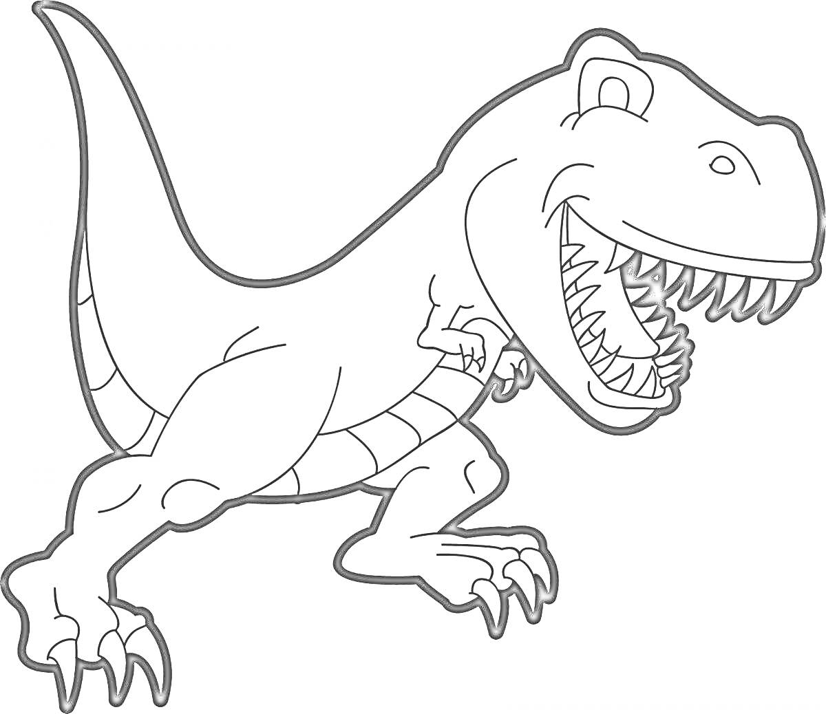 Раскраска Раскраска с изображением динозавра тираннозавра Рекса, в видимой динамической позе с широко открытой пастью и острыми зубами.