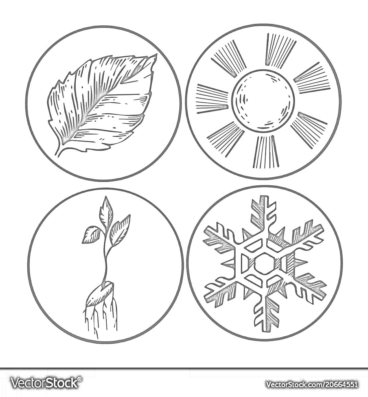 Раскраска Лист, солнце, росток, снежинка — четыре экологических знака в кругах