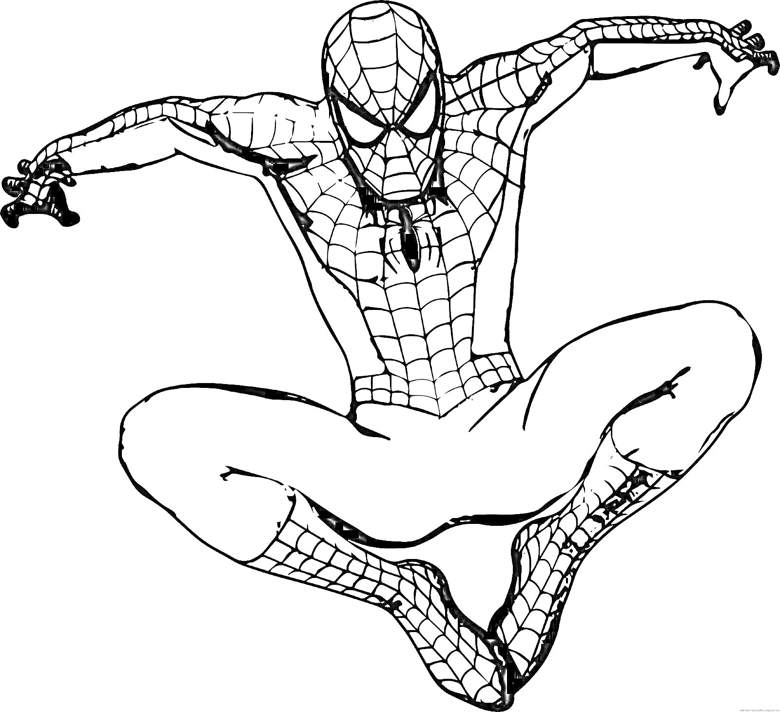 Раскраска Человек-паук в прыжке в фирменном костюме