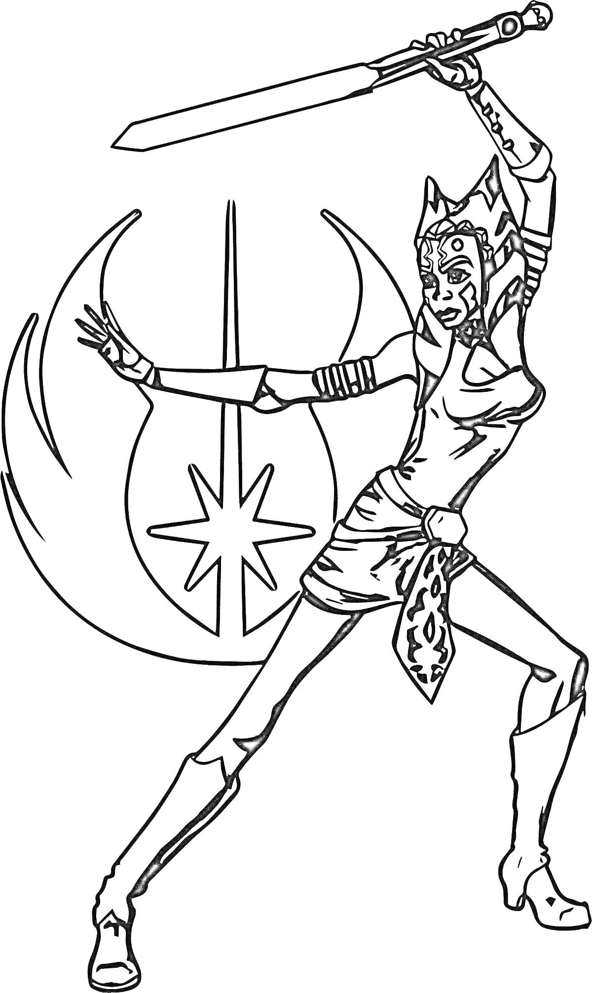 На раскраске изображено: Асока Тано, Световой меч, Звездные войны, Воин, Персонаж