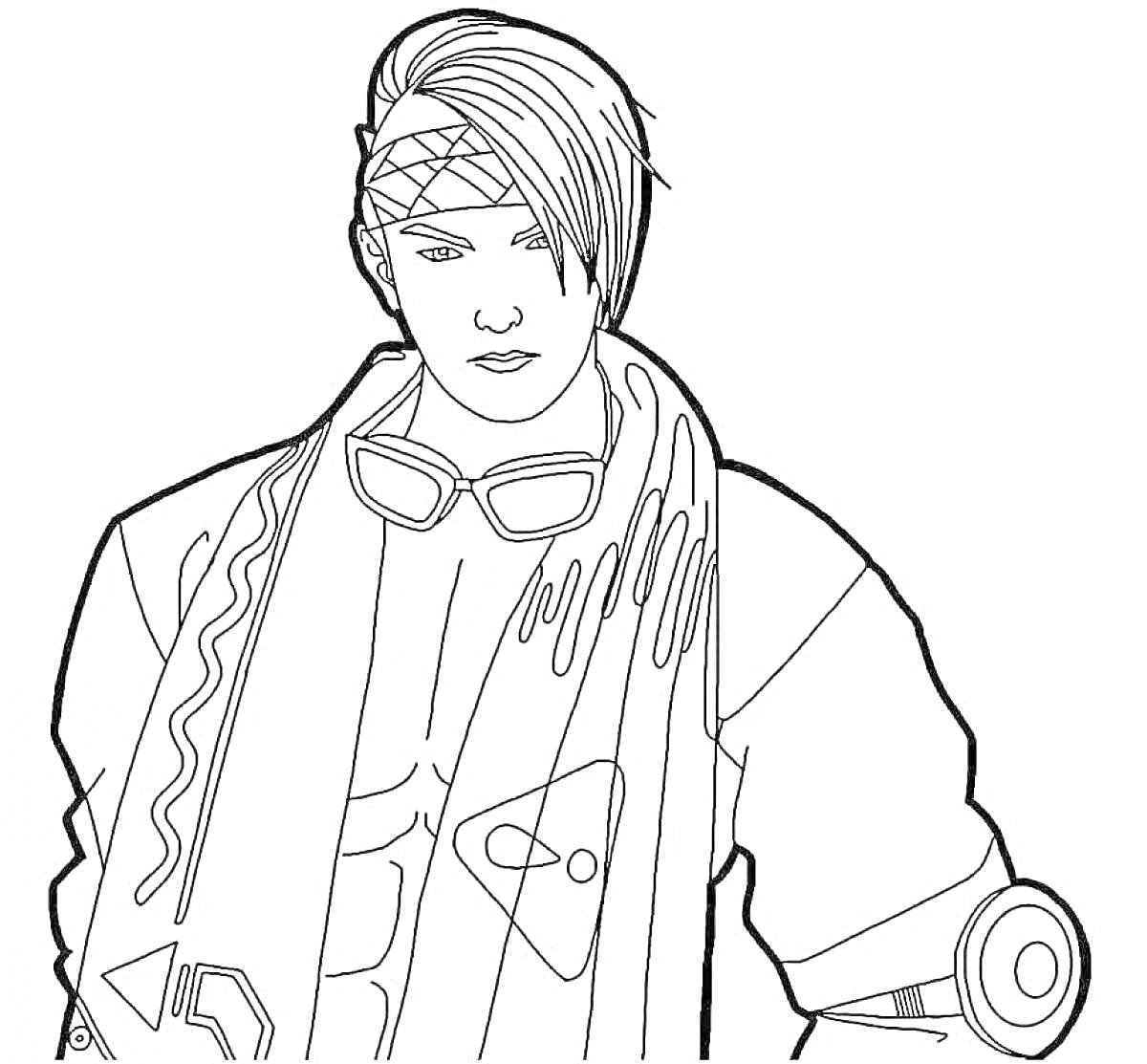 Раскраска Персонаж Free Fire с повязкой на голове, очками на груди и шарфом, с элементами одежды, включая гиперсовременные детали на рукаве и груди