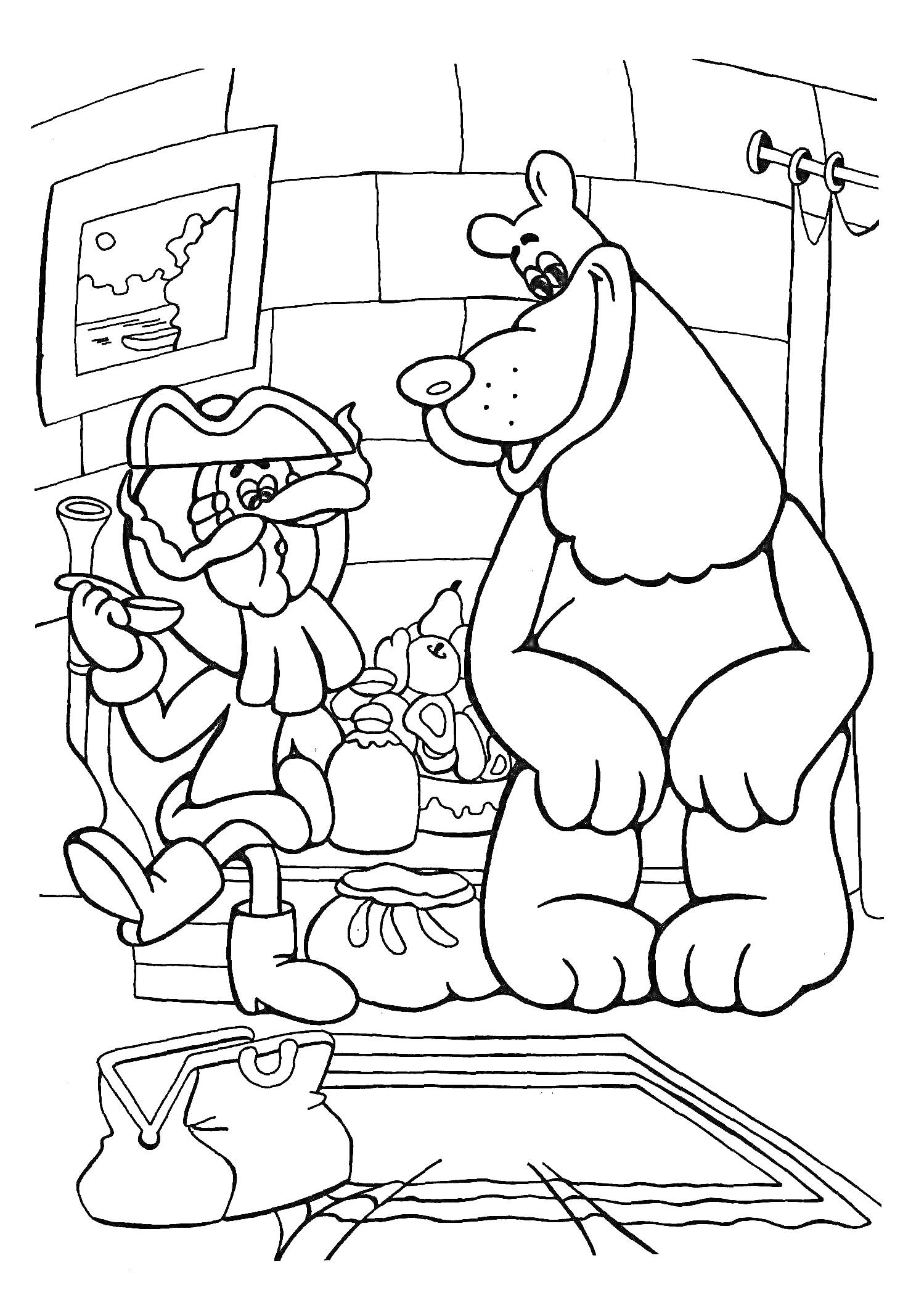 Барон Мюнхгаузен и медведь в комнате с восточными коврами, сундучком и картиной на стене