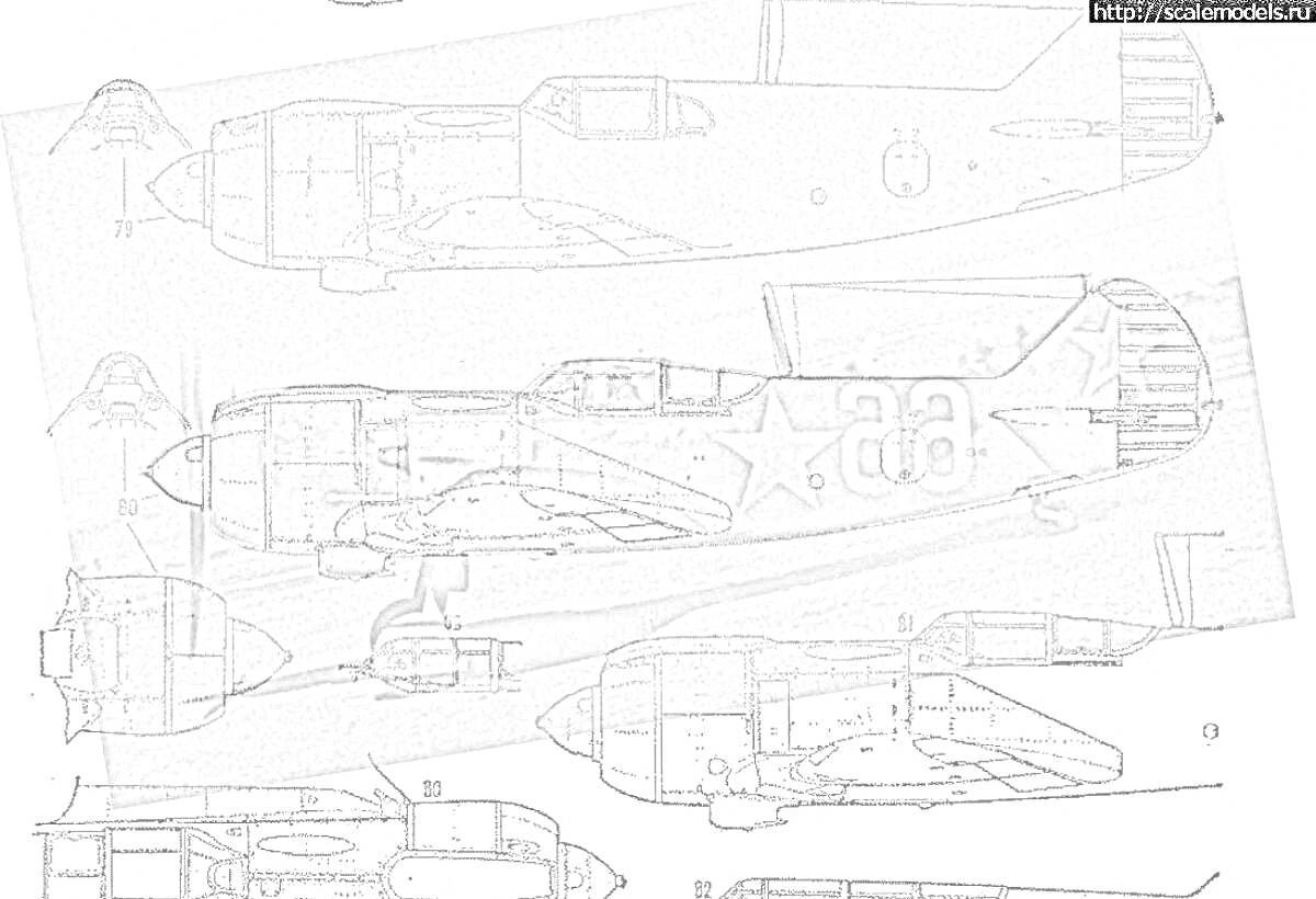 Раскраска La-5FN с маркировками, вид сверху, сбоку и снизу, проекции самолета
