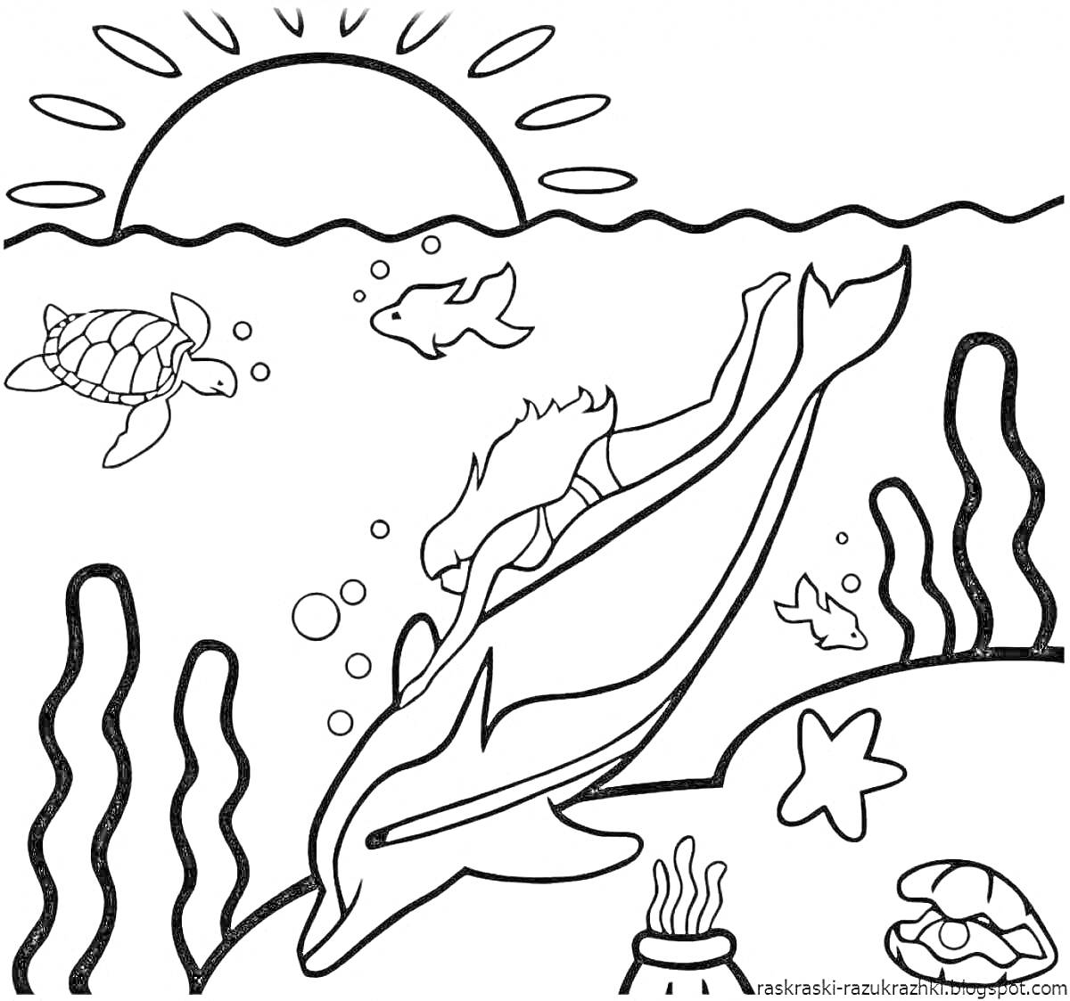 На раскраске изображено: Подводный мир, Черепаха, Водоросли, Море, Солнце, Рыба, Животные, Дельфины, Океаны, Морские звезды