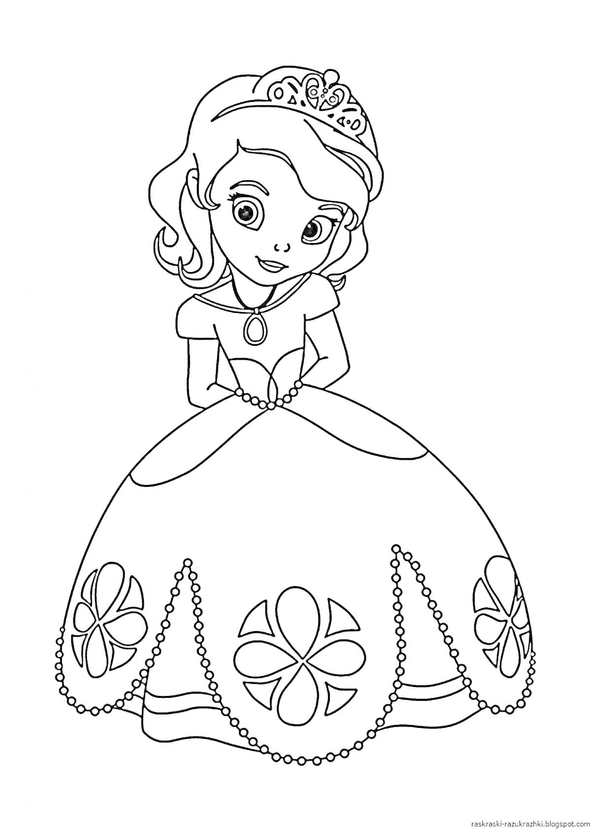 Раскраска Принцесса в короне с цветами на платье