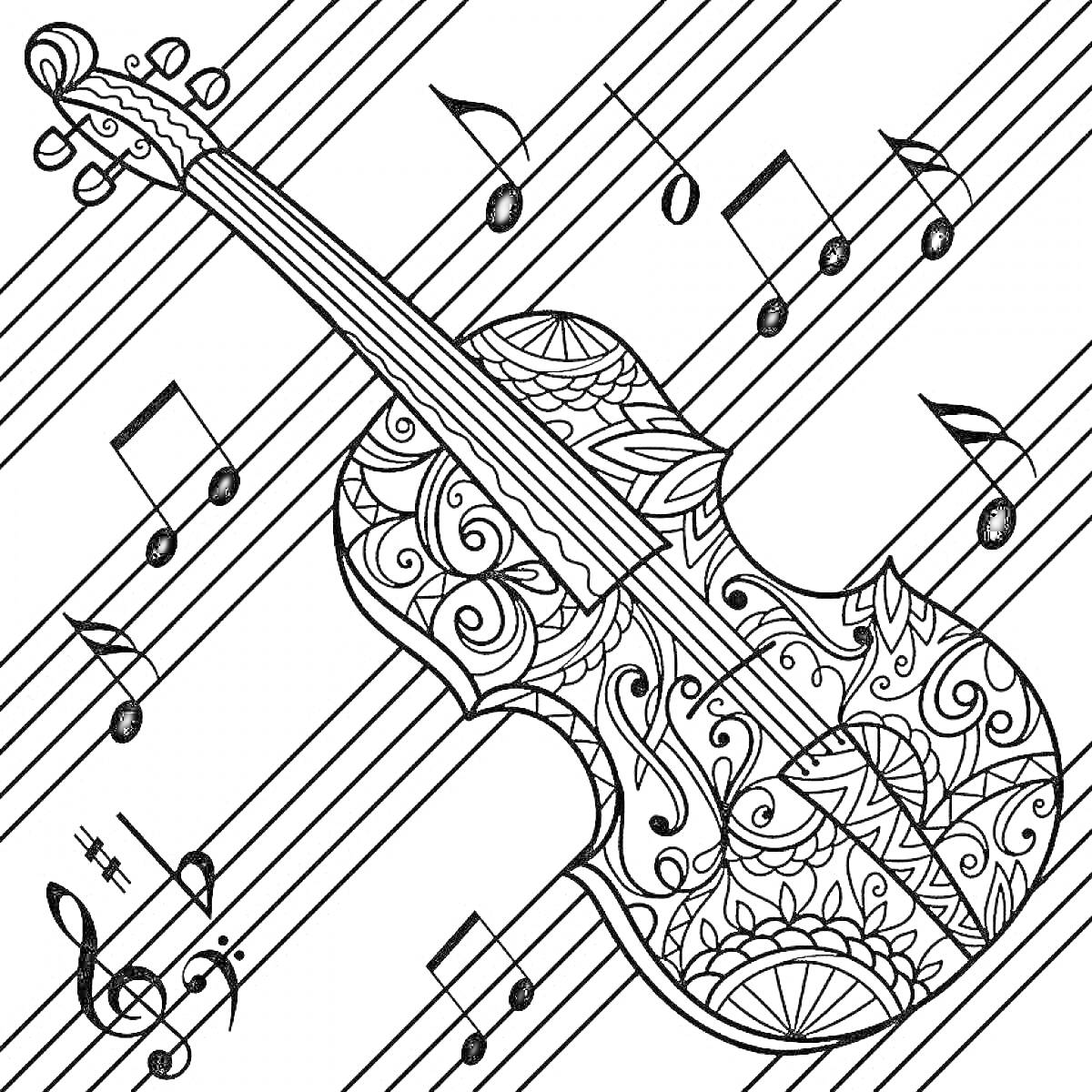 На раскраске изображено: Скрипка, Ноты, Цветочные узоры