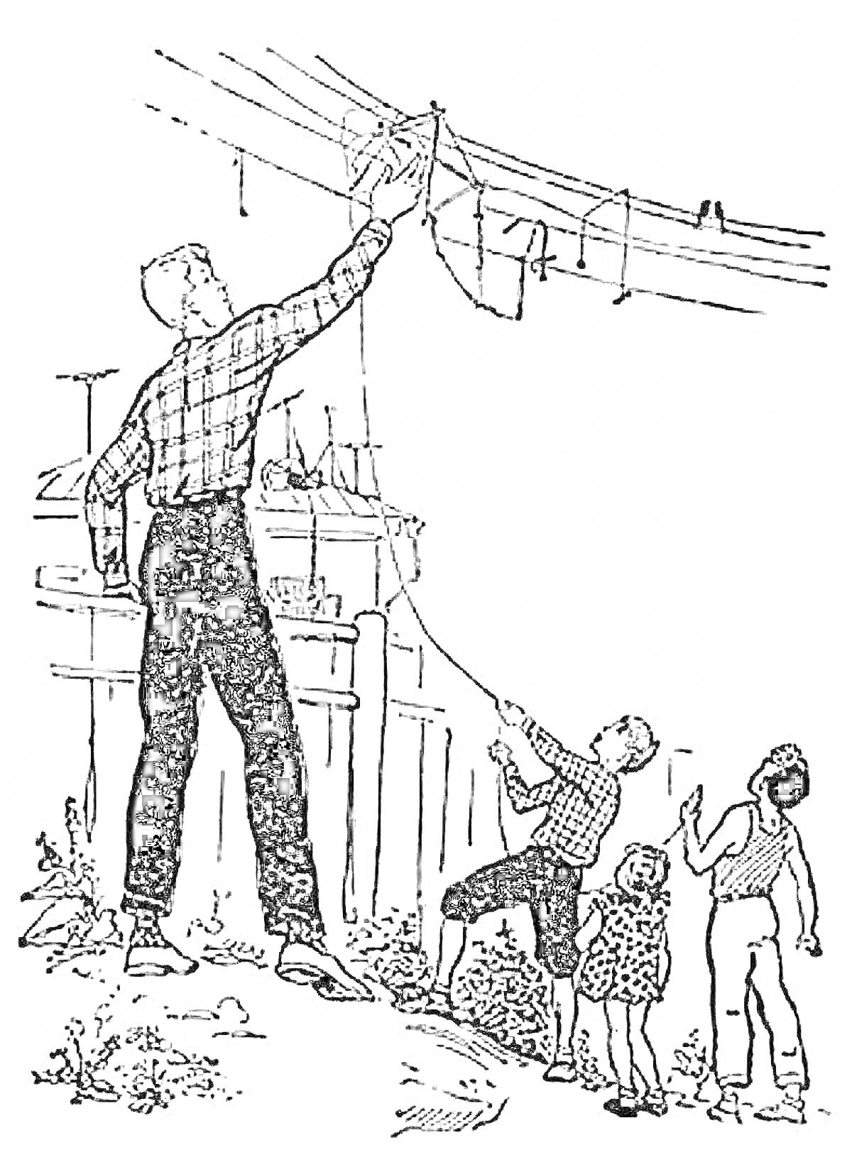 На раскраске изображено: Дядя Степа, Милиционер, Помощь, Воздушный змей, Провода, Советские мультики