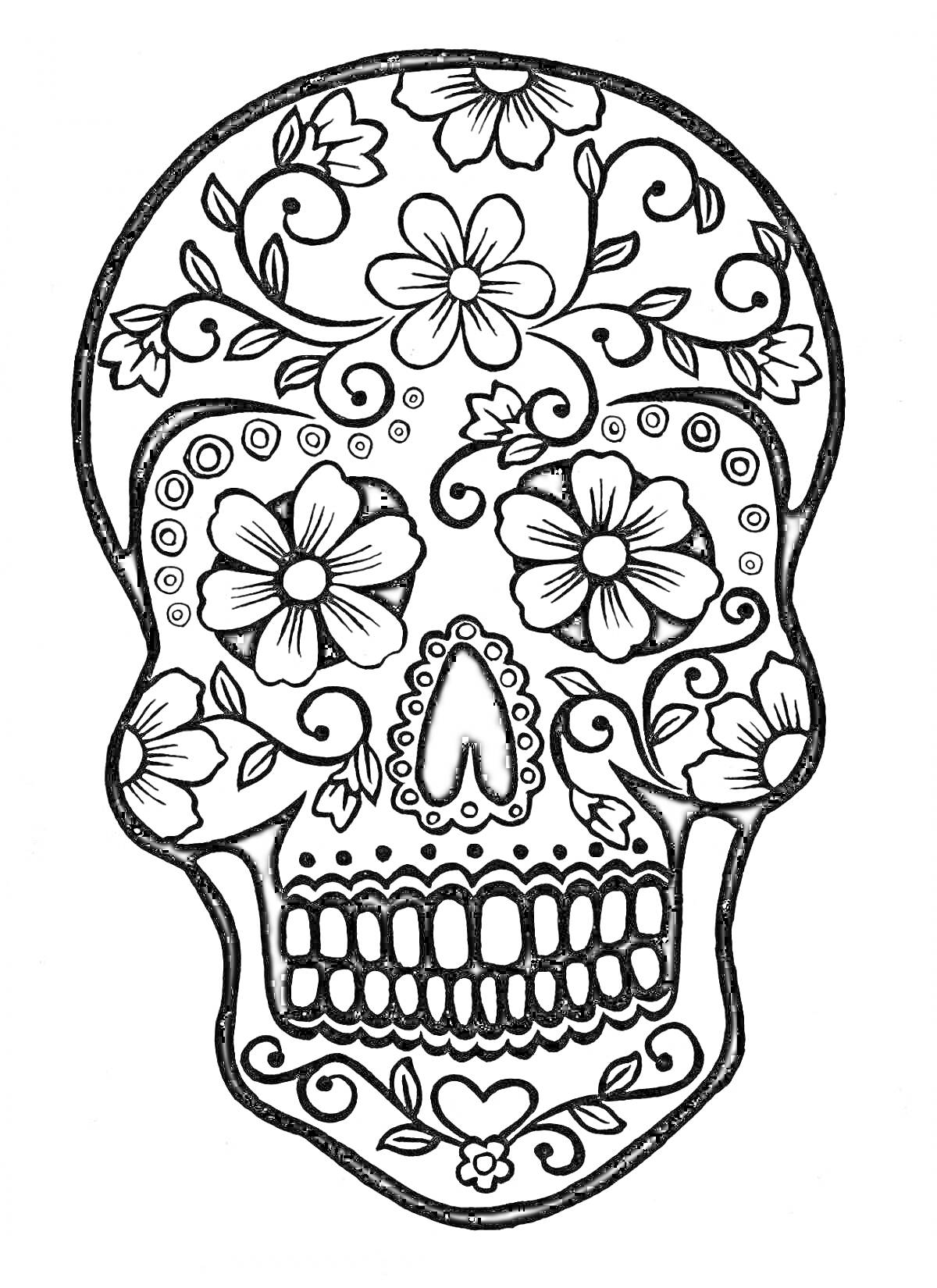 Раскраска Череп с цветочным узором, включающий цветы, листья и завитки