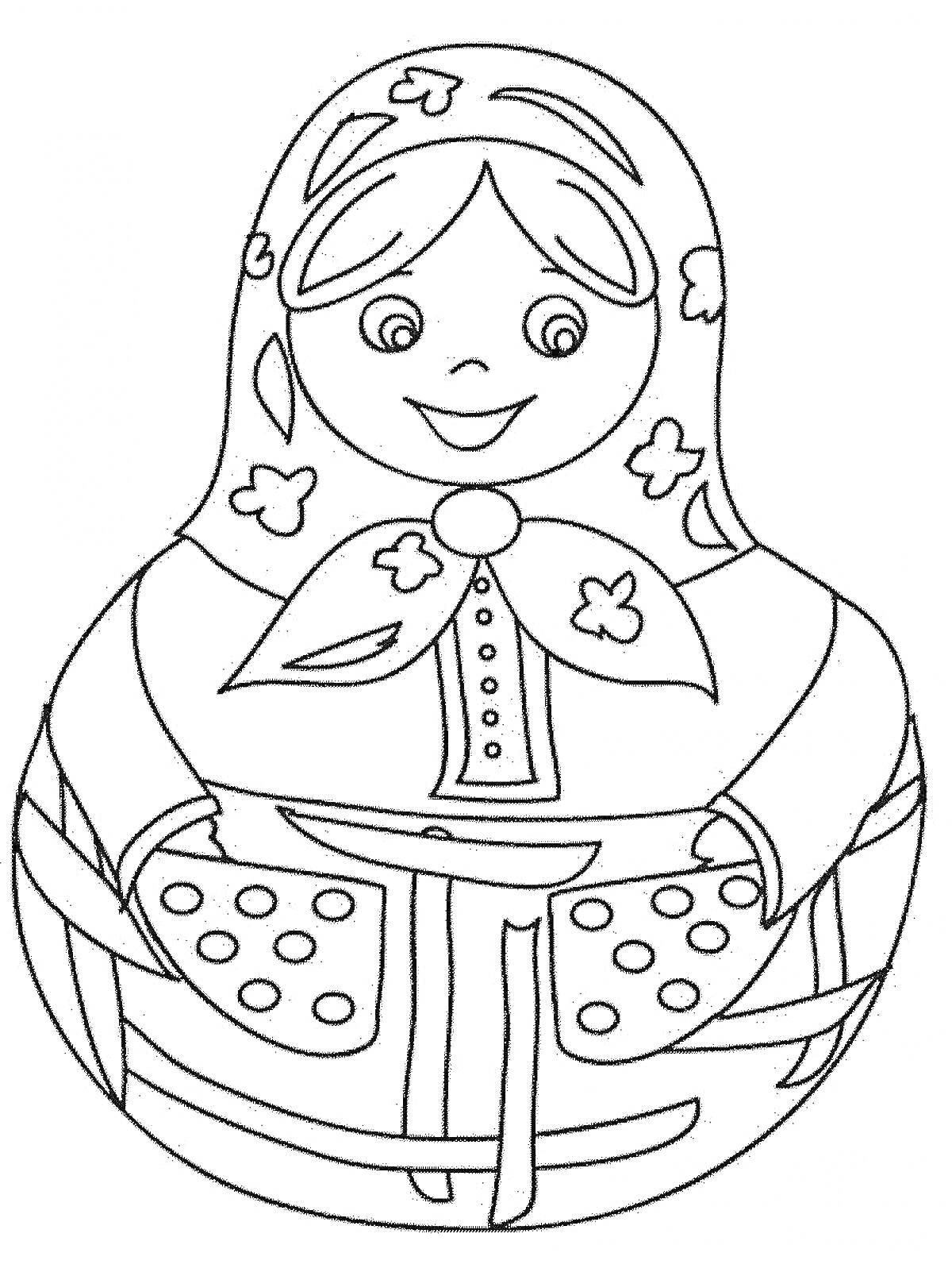 Раскраска Матрешка с узорами на платке и сарафане, улыбающаяся с шарфом на шее