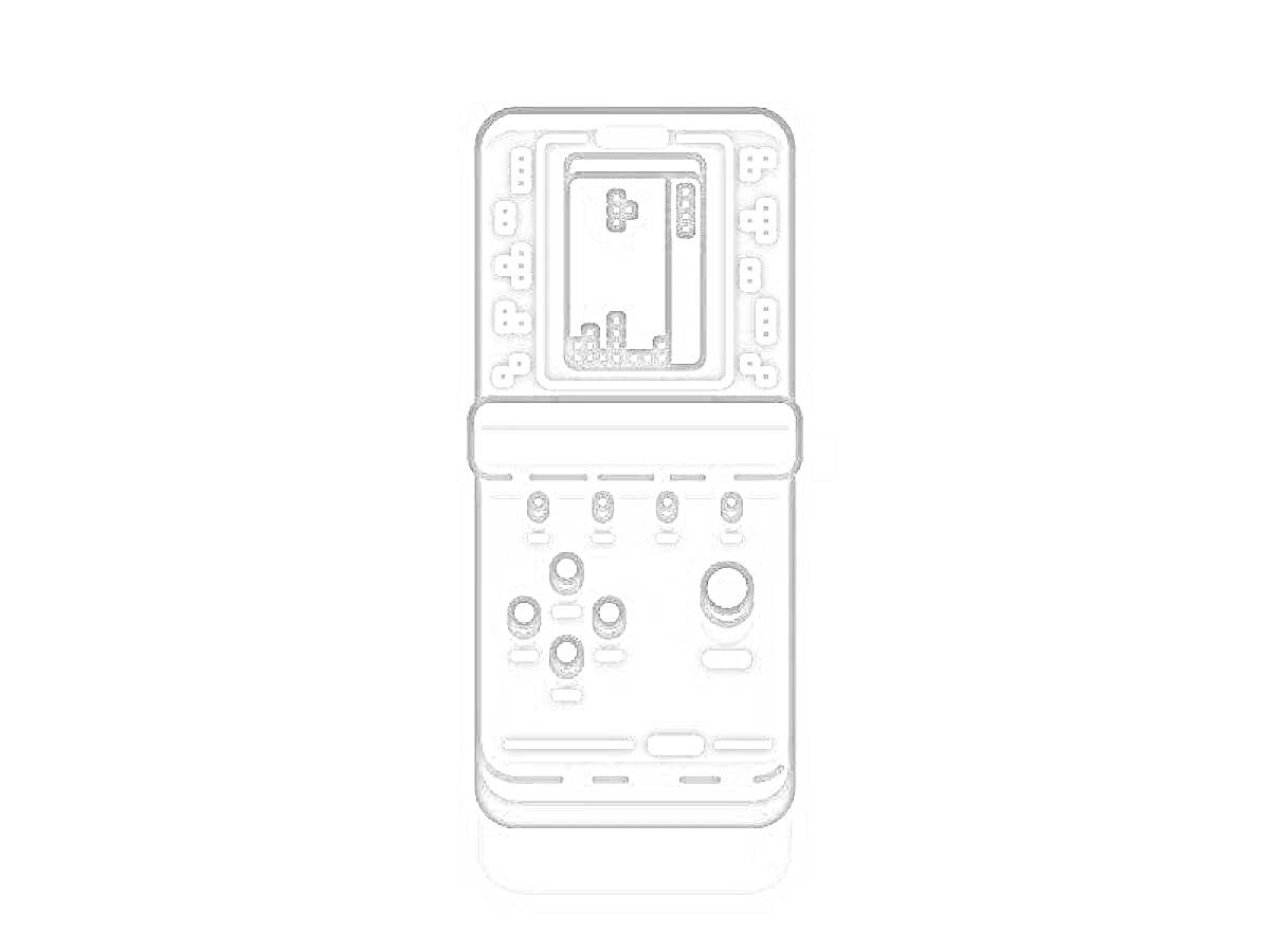 Портативная консоль с игрой Тетрис, экран с блоками Тетриса, кнопки управления