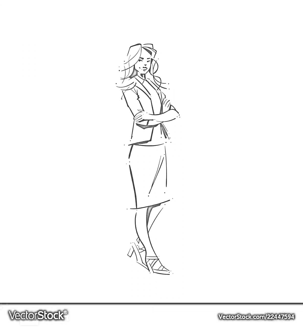 На раскраске изображено: Женщина, Полный рост, Пиджак, Высокие каблуки, Перекрещенные руки