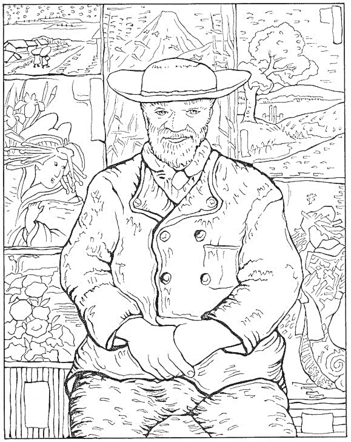 Раскраска Портрет мужчины в шляпе на фоне пейзажей и цветов