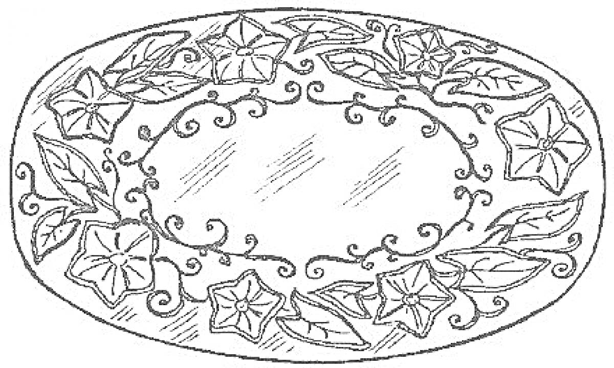 Раскраска Овальный поднос с цветочным узором и лианами