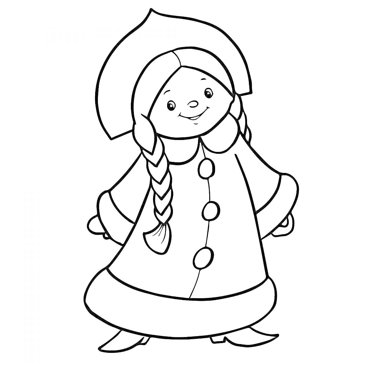Раскраска Девочка-снегурочка с косичками в шапке и пальто с пуговицами