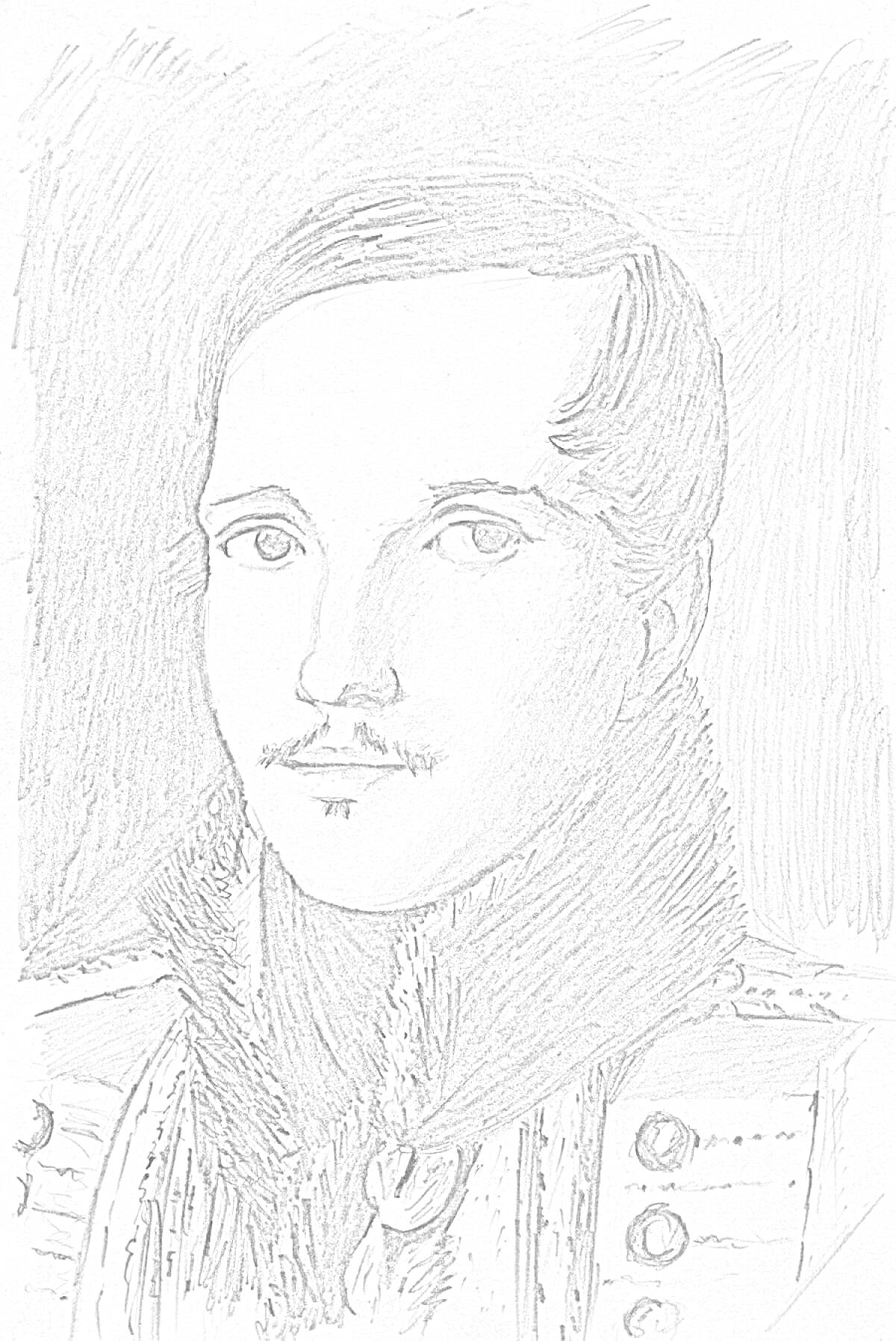 Раскраска Портрет мужчины с усами в военном мундире с меховым воротником