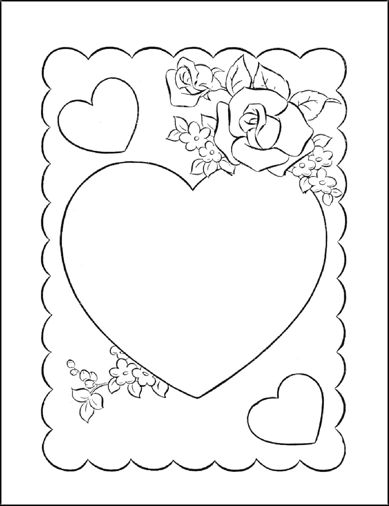 Раскраска Открытка с сердцами, розами и цветами в рамке