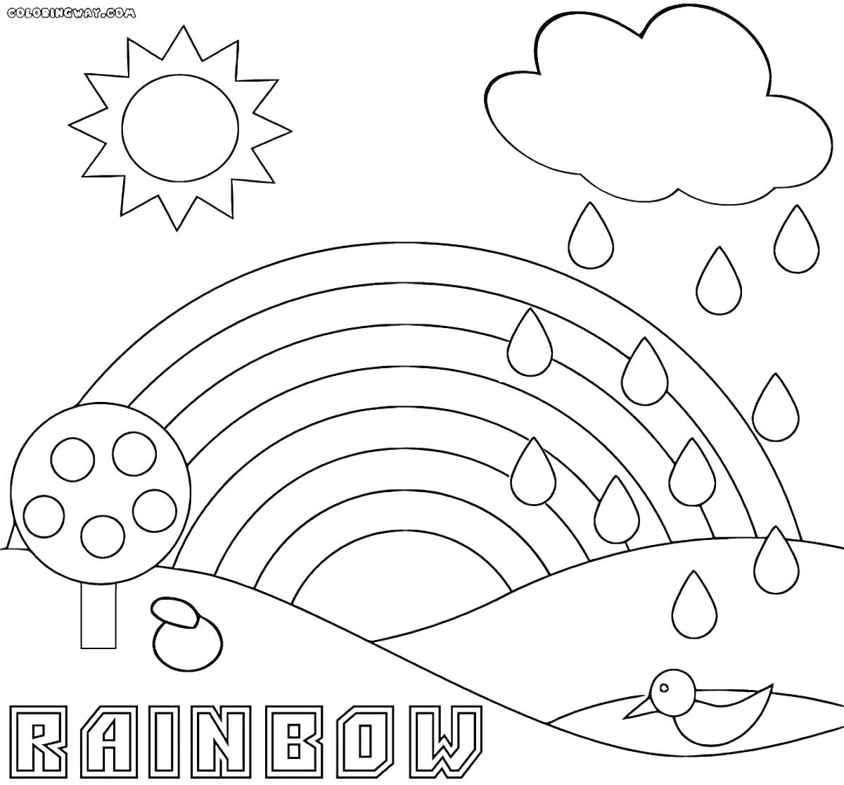 Раскраска Радуга с солнцем, облаком, каплями дождя, деревом и уткой на лугу