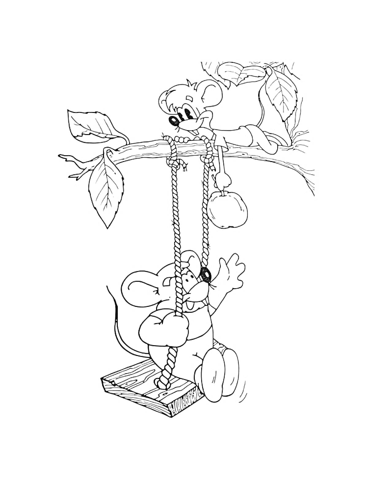 Раскраска Раскраска с двумя мышами на качелях, одна мышь на ветке и другая на деревянной качели