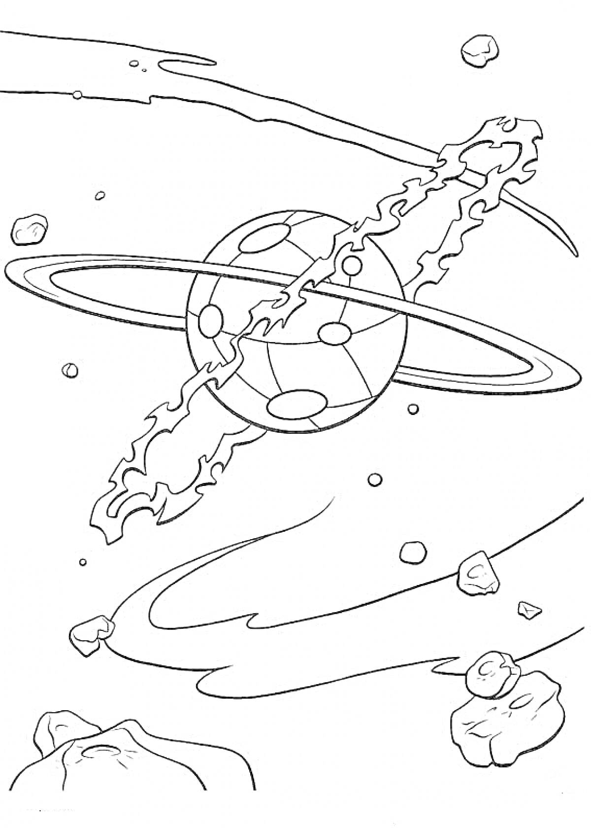 Раскраска Планета с кольцами и астероидами в космосе, метеоры