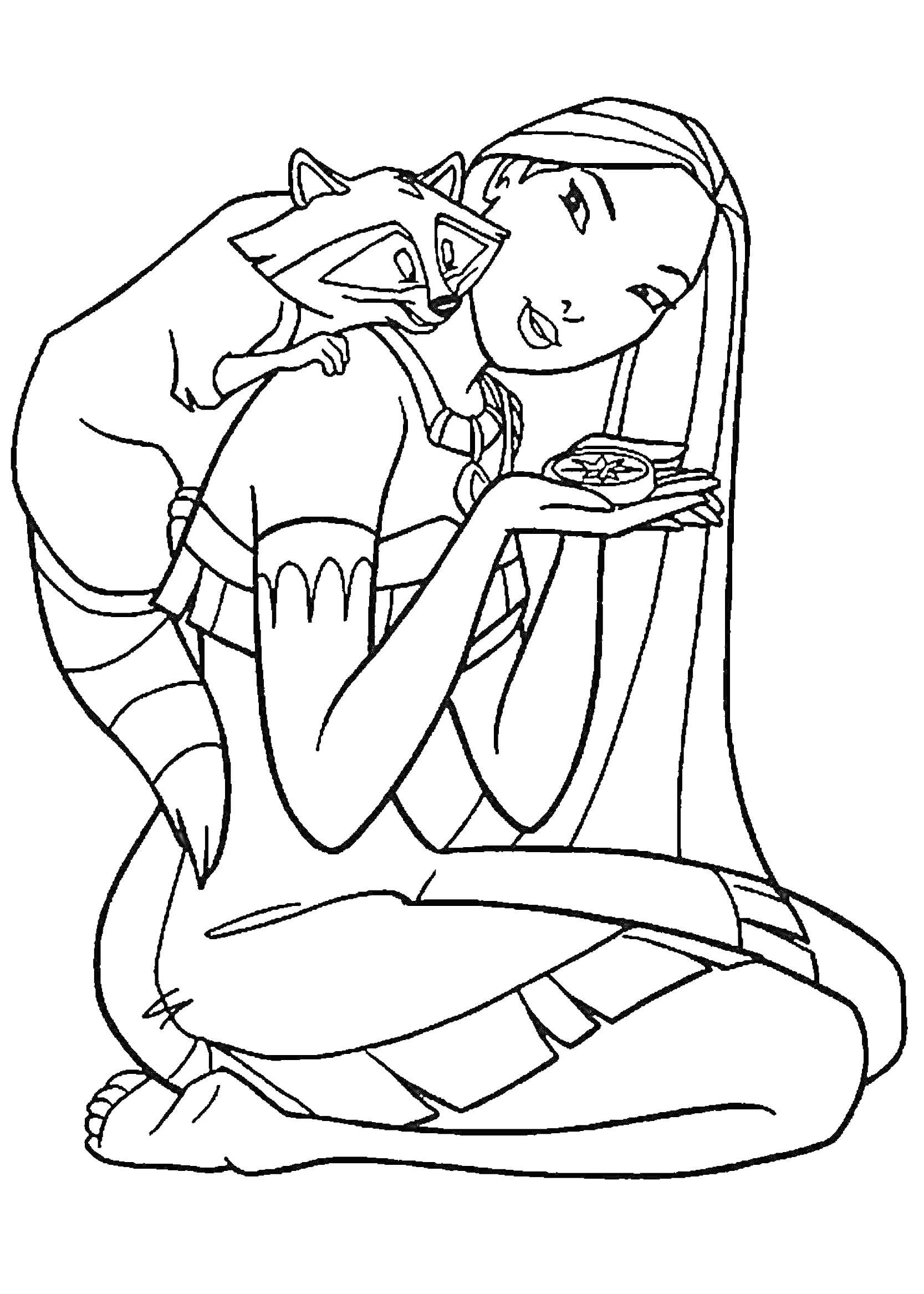 Раскраска Девушка с длинными волосами и енот, держащий в руках изящный предмет