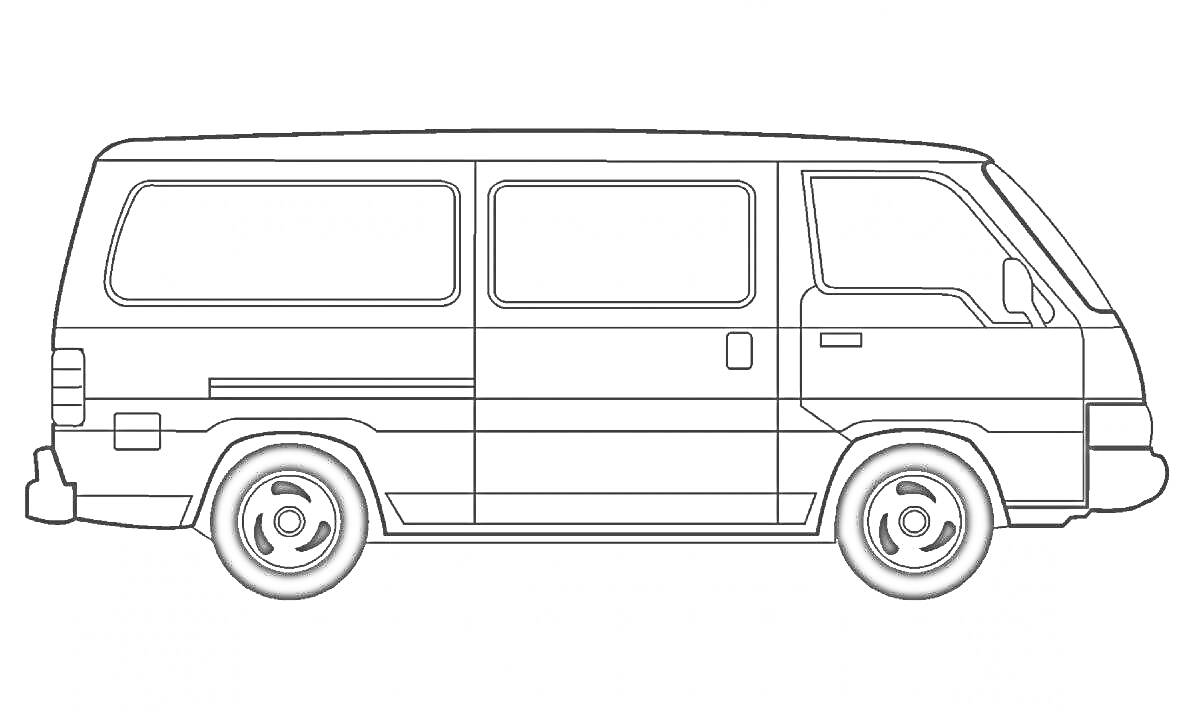 На раскраске изображено: Микроавтобус, Мерседес, Транспорт, Колёса, Окна