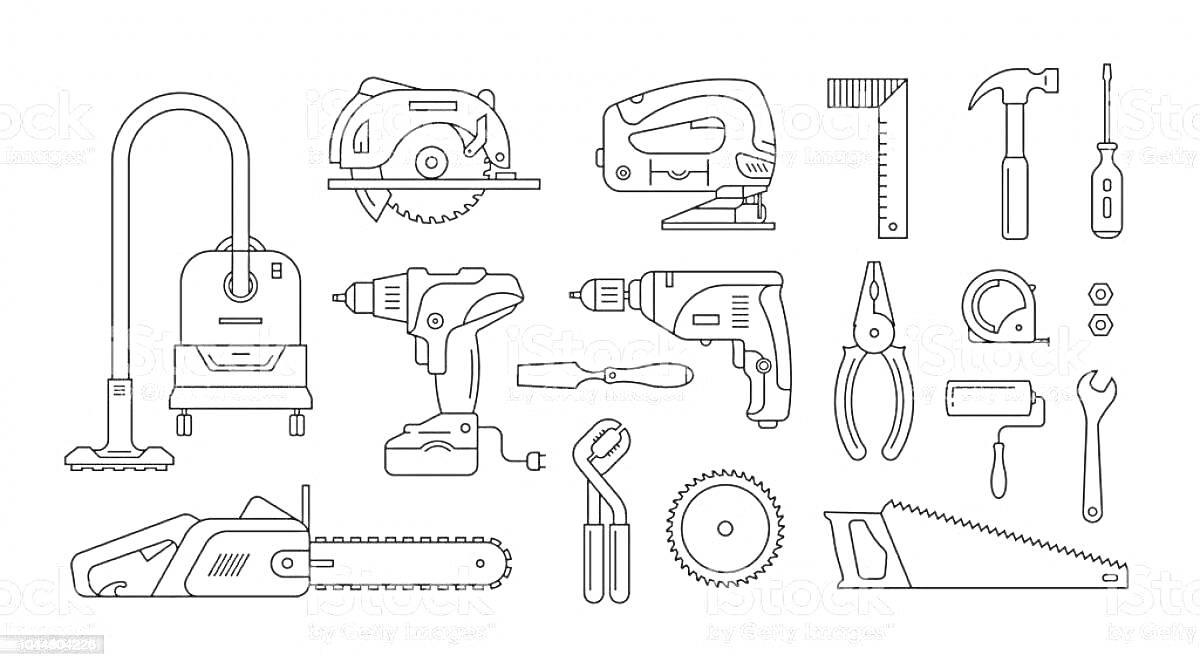 Раскраска строительные инструменты - пылесос, циркулярная пила, лобзик, угольник, молоток, дрель, шуруповерт, кусачки, вороток с двумя насадками, разводной ключ, круглая пила, ножовка, цепная пила