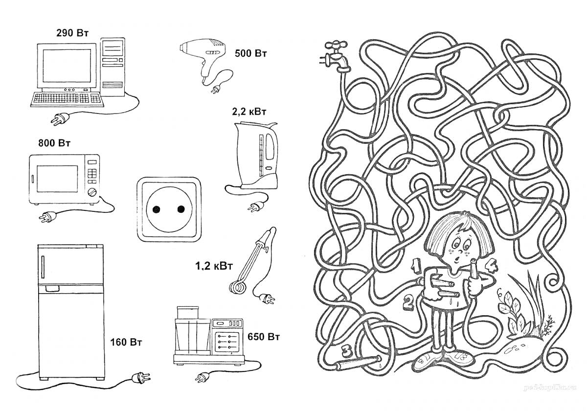 На раскраске изображено: Лабиринт, Бытовая техника, Ноутбук, Фен, Розетка, Холодильник, Миксер, 5 лет, 6 лет