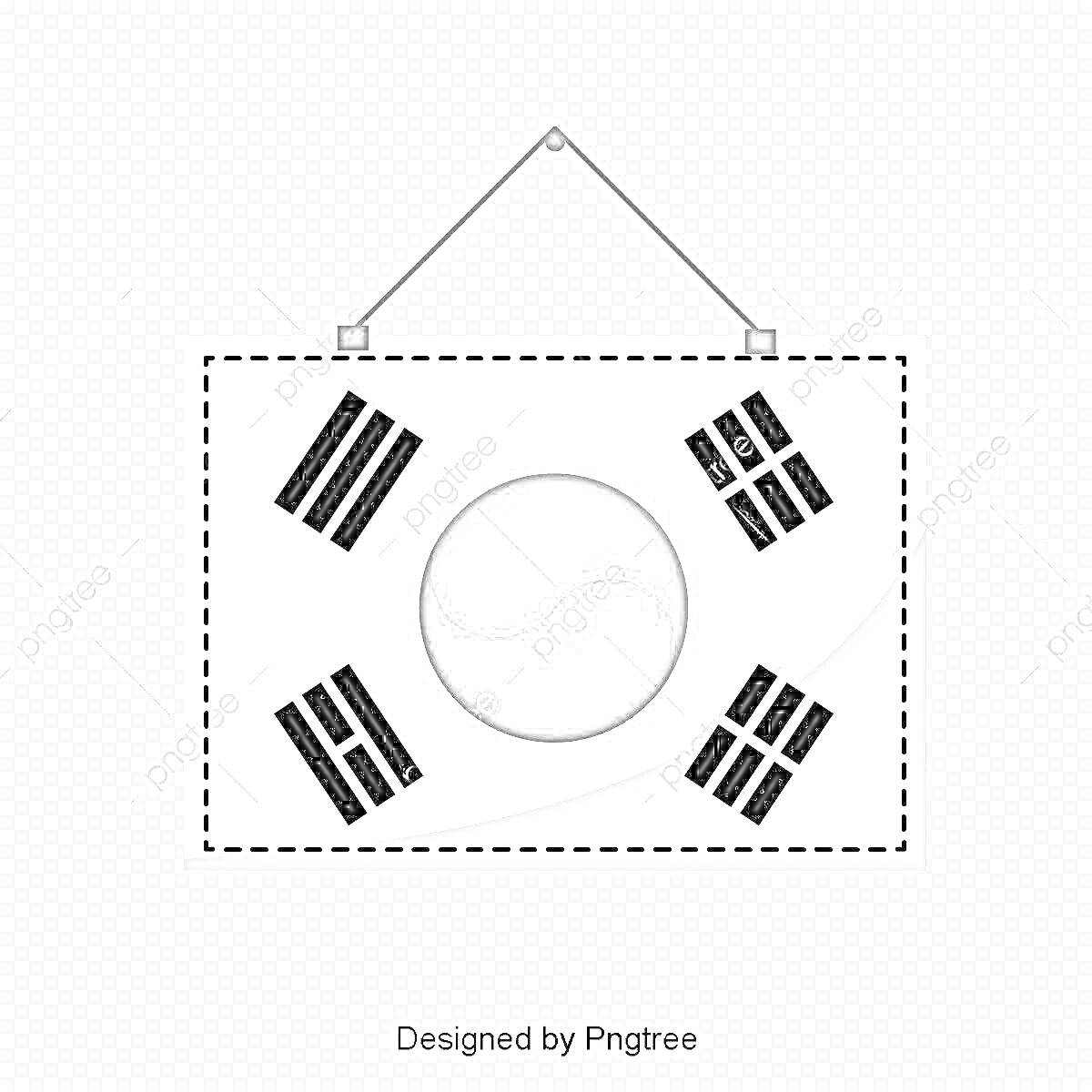 Раскраска Флаг Южной Кореи на подвеске с четырьмя триграммами и центральным кругом