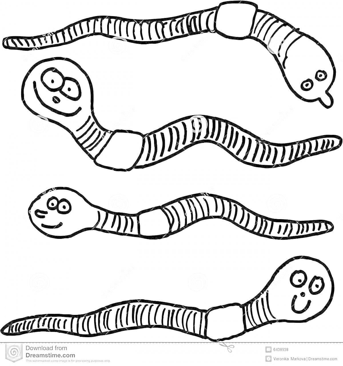 Раскраска Два червяка с лицами, звезда на голове, полосатые тела, третий червяк с простой головой, четвертый червяк с лицом.