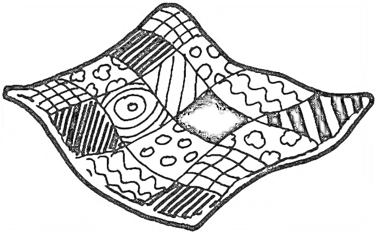 На раскраске изображено: Одеяло, Узоры, Полосы, Круги, Волны, Сетка
