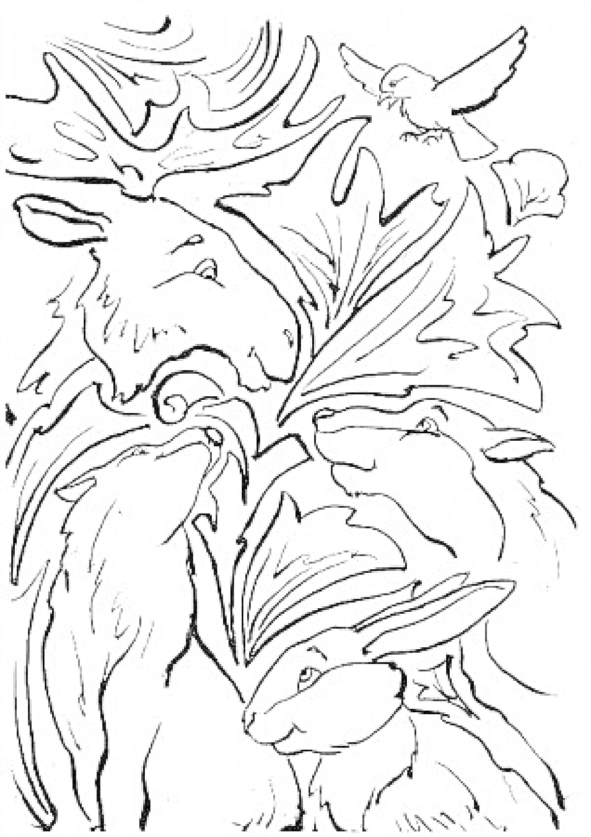 Раскраска Лось, заяц, волки и птица с зимним орнаментом