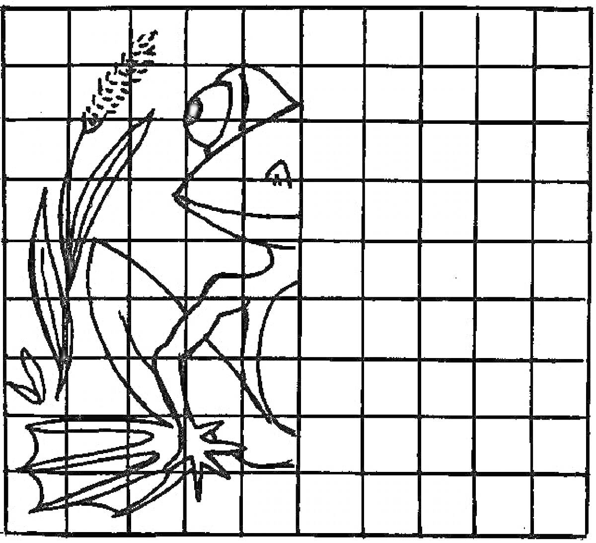 Раскраска Жаба с растениями в пруду (дорисуй по клеточкам)