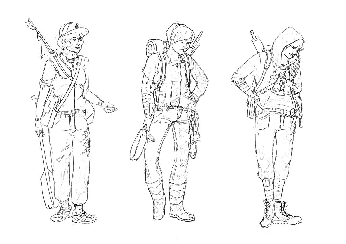 Раскраска Три персонажа из PUBG с оружием и рюкзаками
