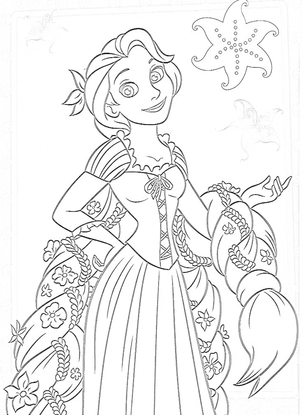 На раскраске изображено: Рапунцель, Длинные волосы, Цветы, Морская звезда, Птица, Платье, Из сказок