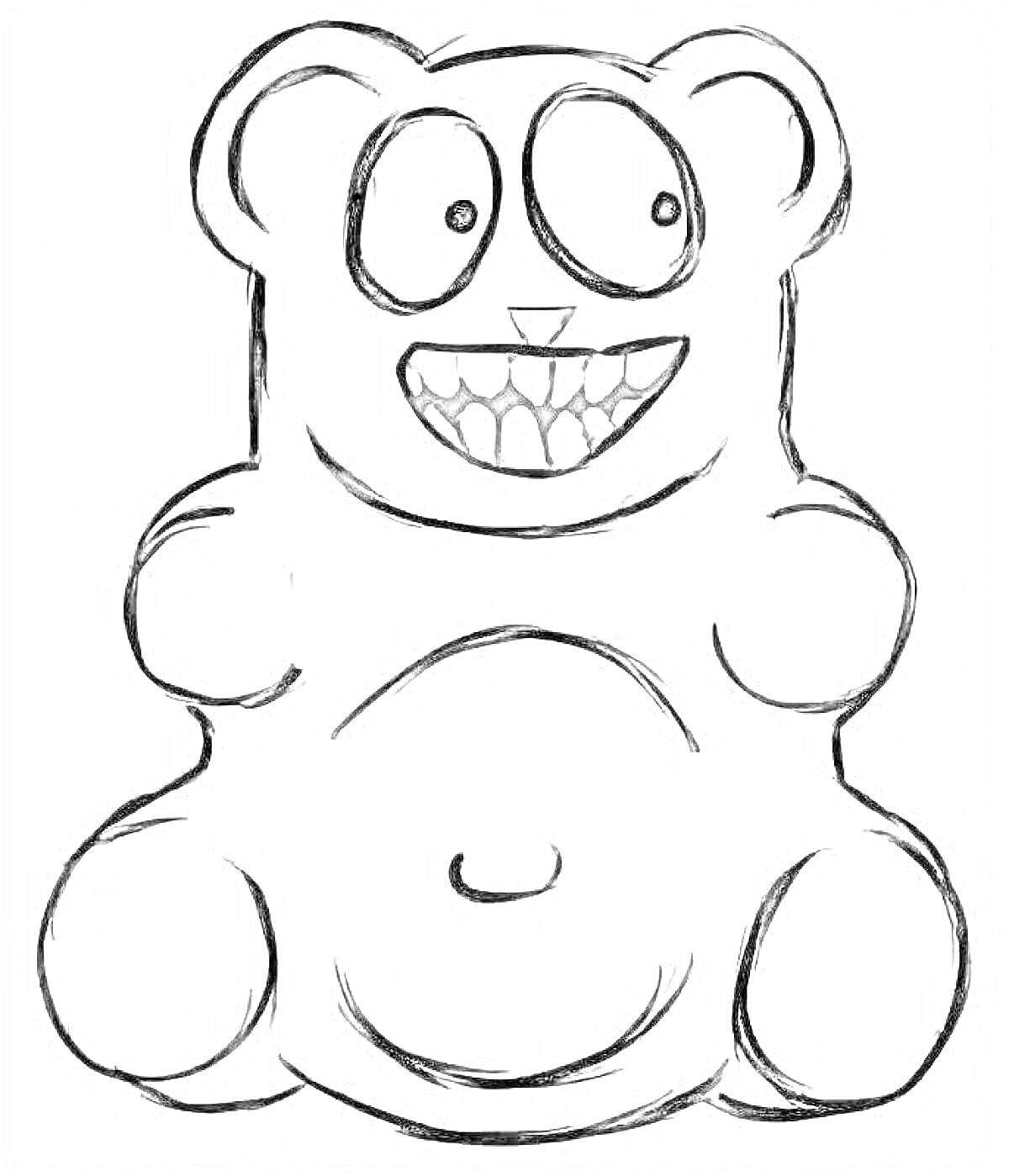 Раскраска медведь с большим животом и зубастой улыбкой
