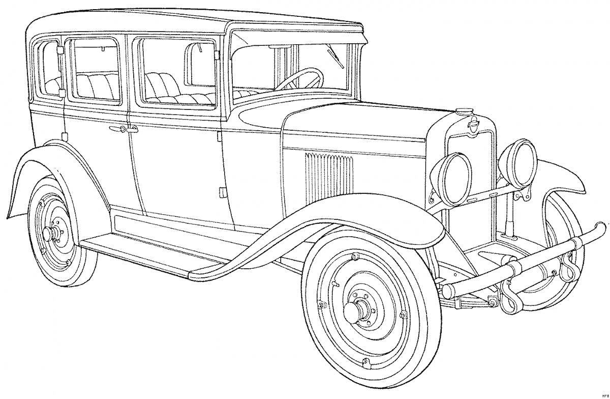 Раскраска Ретро автомобиль, четырехдверный кузов, передний бампер, передние фары, большие колеса