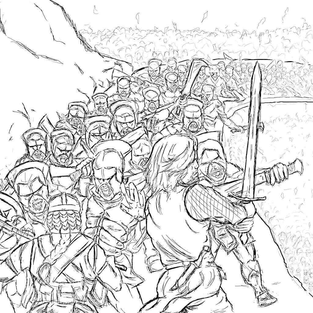 Раскраска Сцена битвы: одинокий герой против армии врагов на фоне холма
