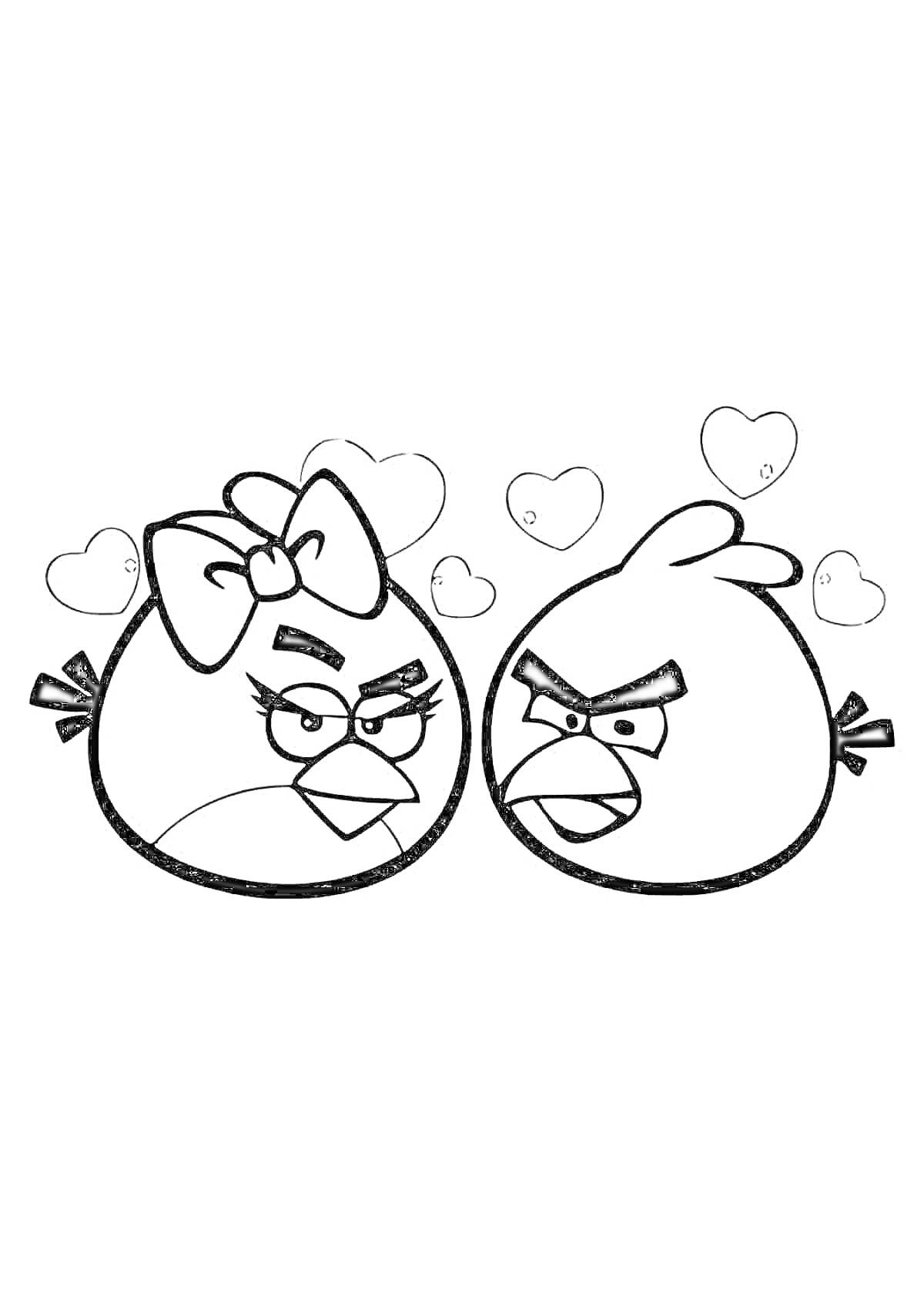 Раскраска Два злых птички с сердечками