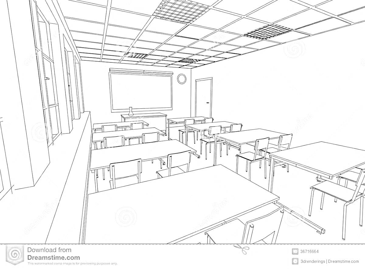 классная комната с окнами, письменными столами и стульями, доской и дверью